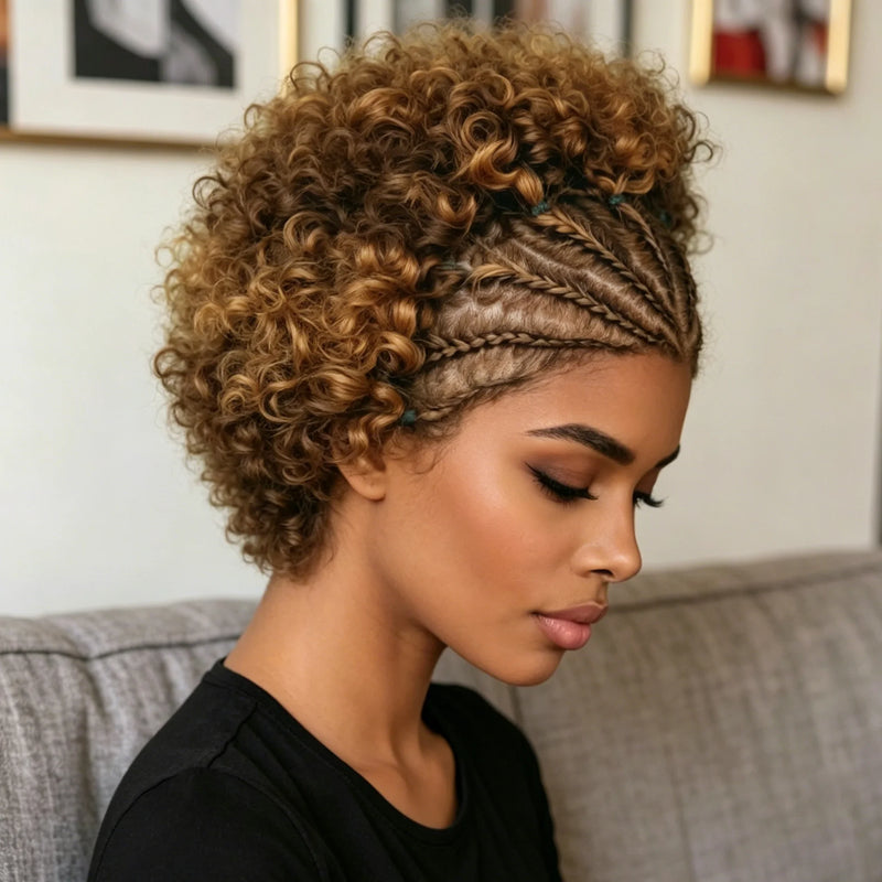 13x4 Lace Front Braided Top Curly Human Hair Wig for Women 180% Density Pre Plucked Natural Hairline Wig