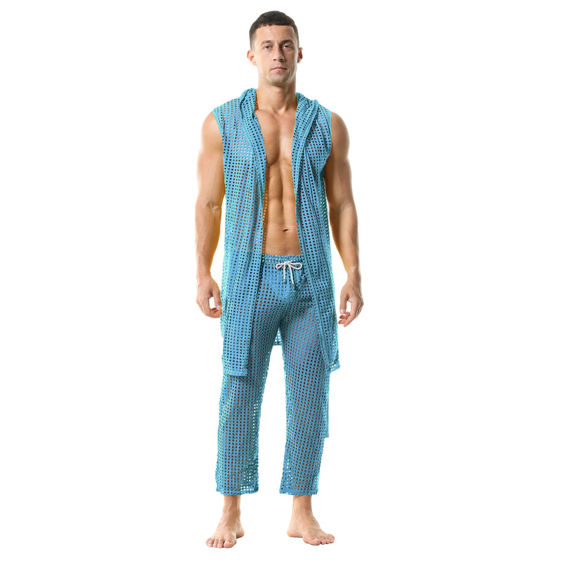 Men's Fishnet Hollow Out Robes Classic Lounge Pants Sexy Sleepwear Mens Robe Sets Daily Home Sleeveless Bathrobes Hooded Pajamas