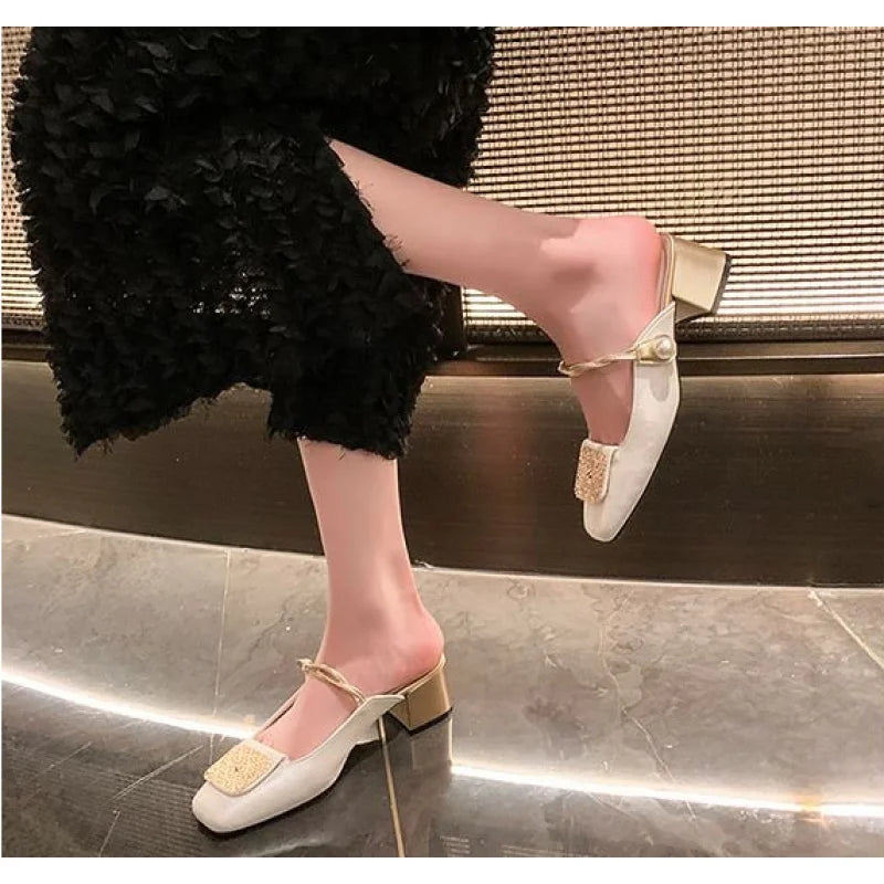 New Women's Shoes Mary Jane Mules, Square-Toed Shallow-Cut Chunky Heel Shoes, Fashionable High-Heeled Sandals