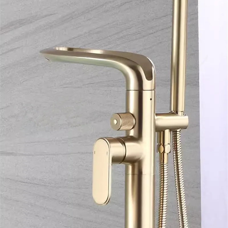 Tuqiu Brushed Gold Bathroom Bathtub Faucet + Handheld Shower Free Standing Luxury Waterfll BathTub Mixer Taps Floor Mounted