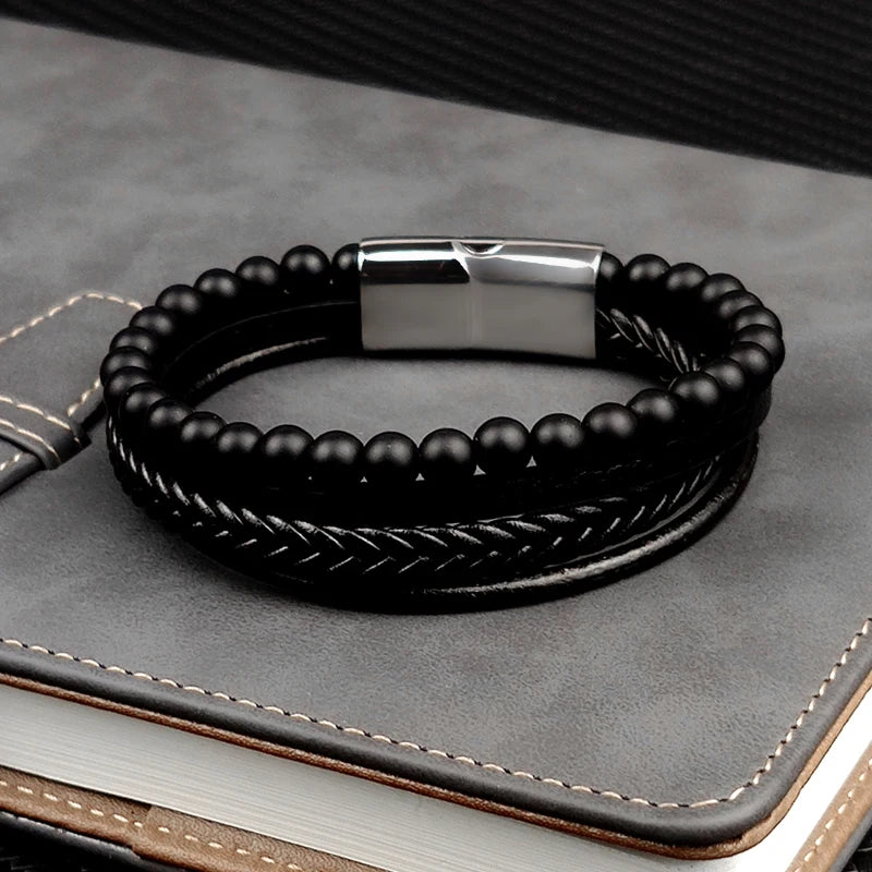 MingAo Charm Men Jewelry Natural Stone Multi-Layer Leather bracelet Black Stainless Steel Magnetic Clasp Tiger eye Bead Bracelet