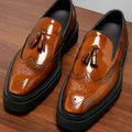 British Style Genuine Leather Platform Square Toe Carving Slip On Dress Shoes Handmade Cowhide Tassels Solid Color Men Loafer