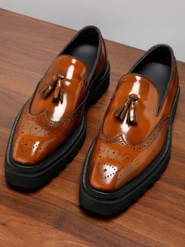 British Style Genuine Leather Platform Square Toe Carving Slip On Dress Shoes Handmade Cowhide Tassels Solid Color Men Loafer