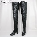 Sorbern Black Matte Block Square Heels Boots For Women Unisex Style Round Toe Mid Thigh High Half Zipper Long Boots Custom