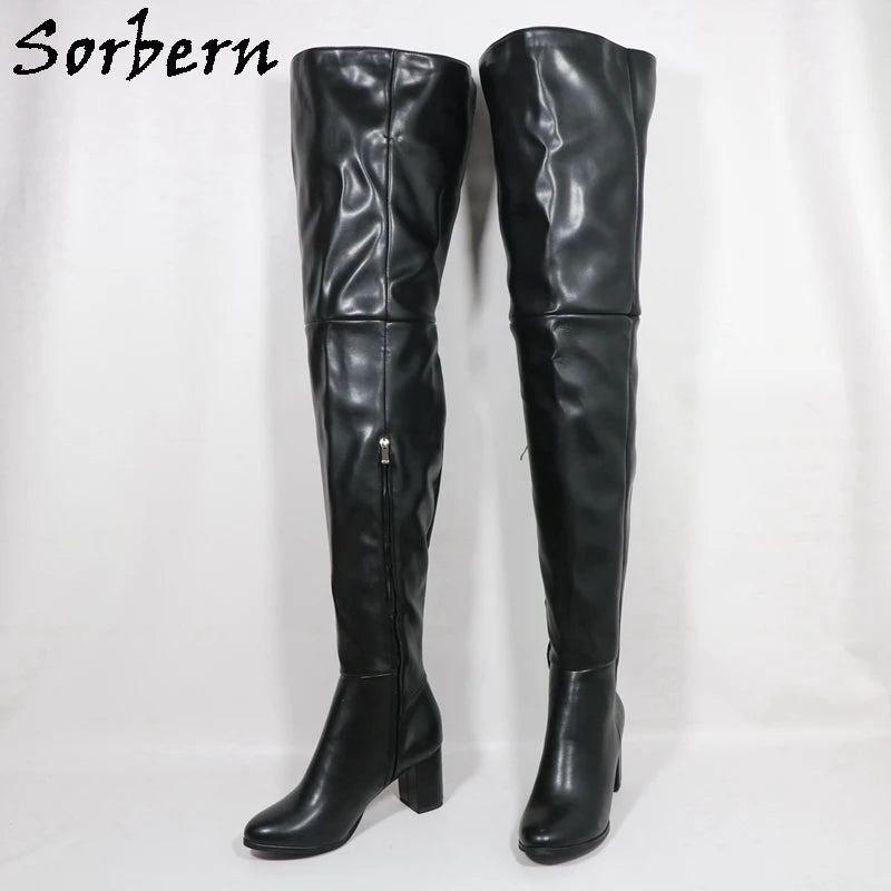 Sorbern Black Matte Block Square Heels Boots For Women Unisex Style Round Toe Mid Thigh High Half Zipper Long Boots Custom