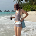 Women's Tankini Set Brown White Gingham Halter V Neck | SAMAG