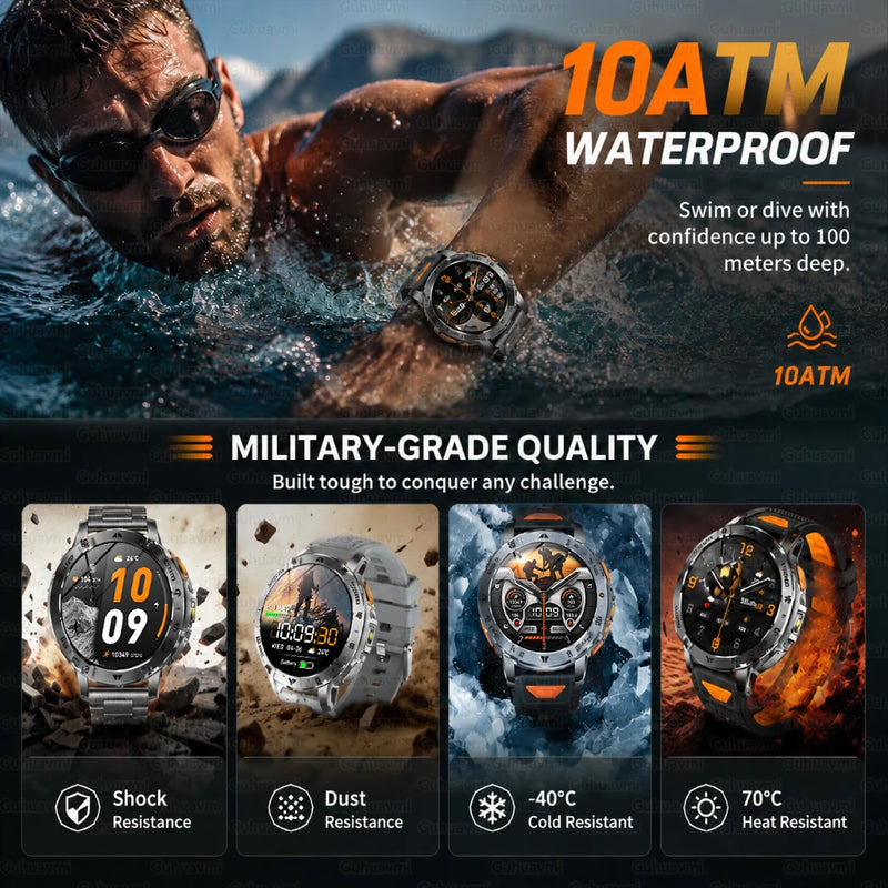 2026 New Military TANK 1400mAh Battery Smart Watch IP68 Waterproof LED Flashlight Heart Rate Sports tracker SOS Smart Watch Men