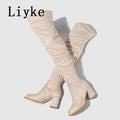 Liyke 2026 New Fashion Round Toe Zip Thigh High Boots Women Autumn Winter Chunky Heels Motorcycle Over The Knee Shoe Botas Mujer