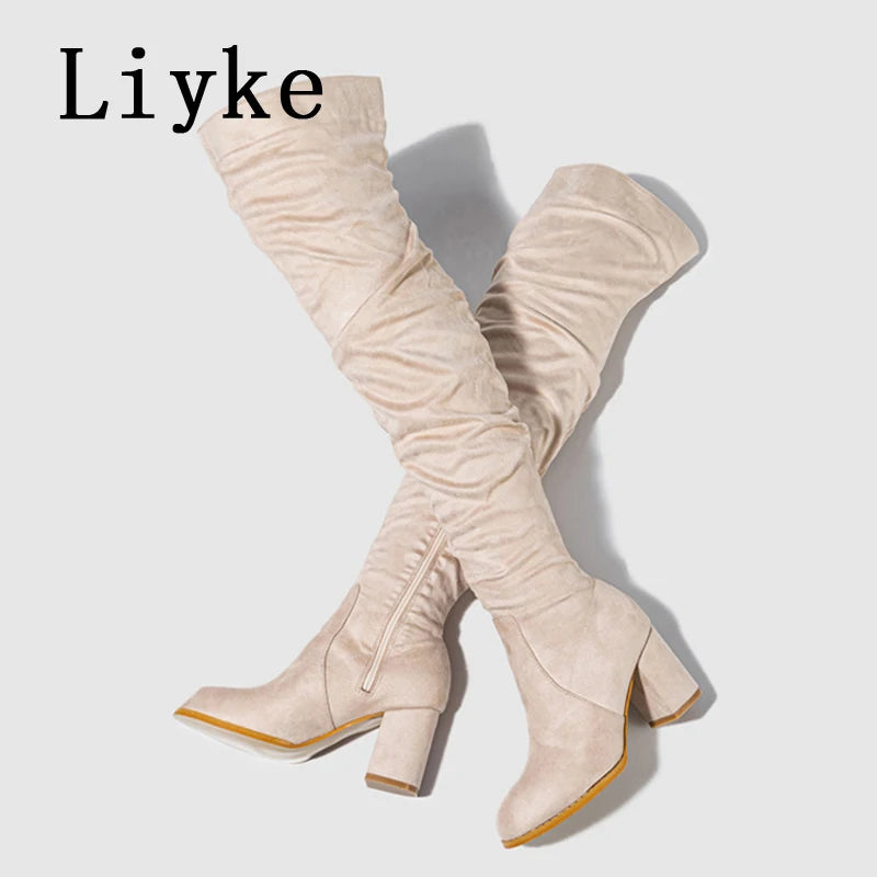 Liyke 2026 New Fashion Round Toe Zip Thigh High Boots Women Autumn Winter Chunky Heels Motorcycle Over The Knee Shoe Botas Mujer