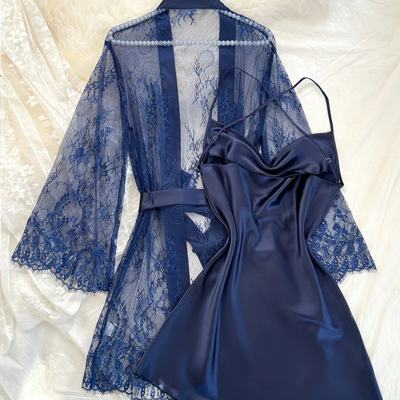 Women Lace Sleepwear Set Sheer Robe with Cowl Neck Slip | SAMAG