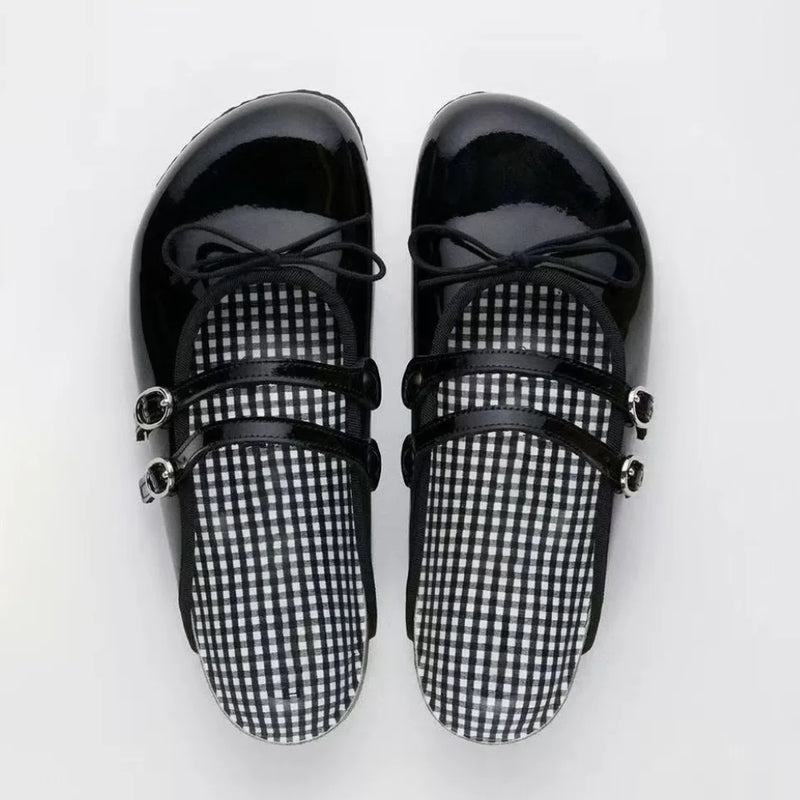 Women's Patent Leather Mary Jane Mules Buckle Bow Decor Slip on Flat Shoes Plaid Lining Casual Half Slippers Fashion  Footwear