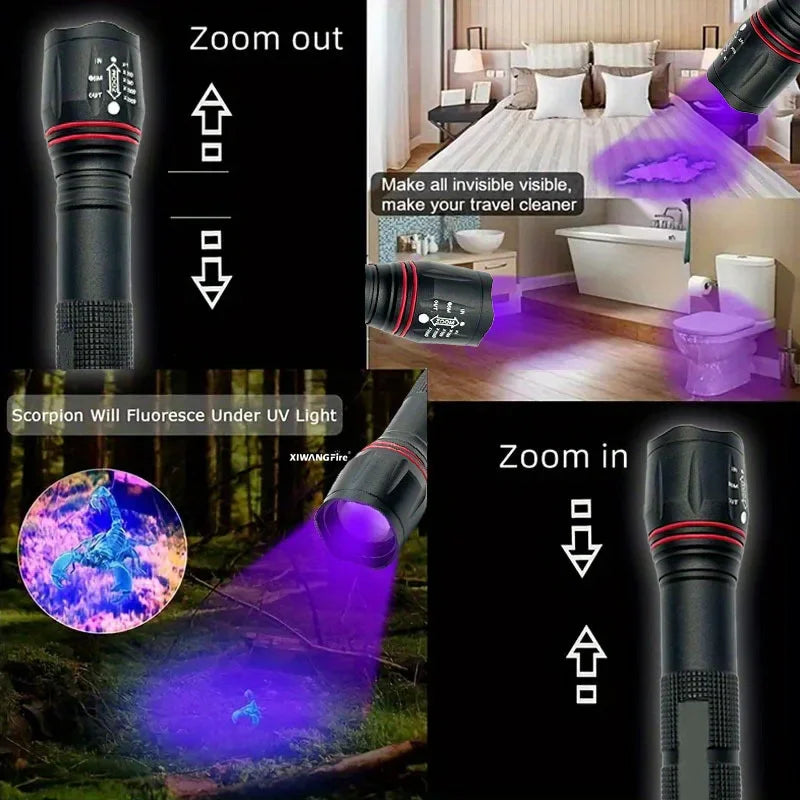 395nm UV Flashlight Zoomable Blacklight USB Rechargeable UV Light Ultraviolet Flashlight for Pet Urine Detection Curing Lighting