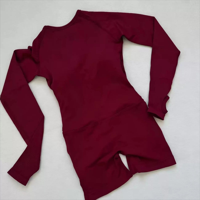 1 Piece Women Bodysuit Sportwear Backless Long Sleeve Short Leggings Seamless High Stretch for Yoga Run Gym Fitness Workout