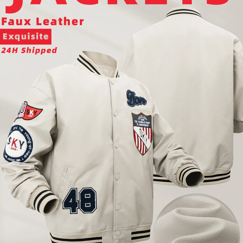 Men's Faux Leather Jackets Varsity Embroidered Baseball Coat Casual Daily Motorcycle Windbreaker Outerwear New in Jacket