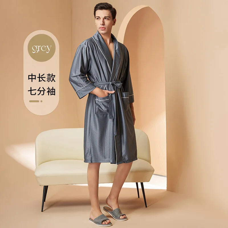 New Stripe Couple Bathrobe Cool Thin Spring Autumn Mid-Length Water Absorbent Loungewear Robe Men Women Luxury Home Nightgown