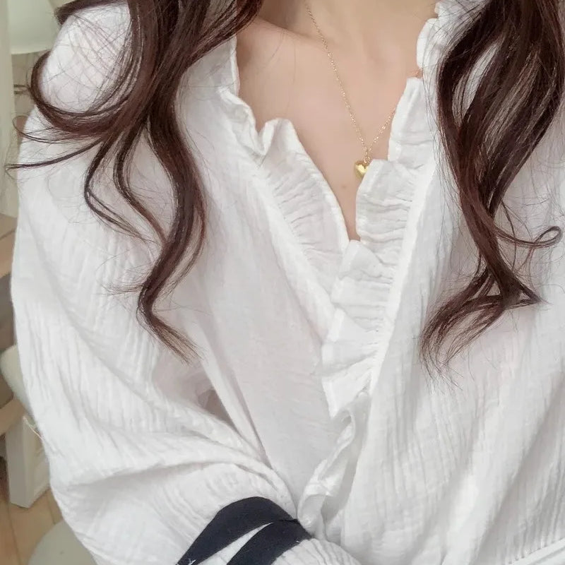 Women's Spring and Summer New Simple Long-Sleeved Robe Girls Sweet Ins Wind Ruffled Thin Section of Solid Color Pajamas Home Wea