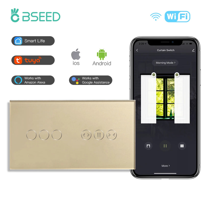 BSEED Curtain Wifi Switch Wireless Smart Switches 1/2Gang 1/2/3Way Touch Light Switch EU Standard Support Google Alexa Tuya App