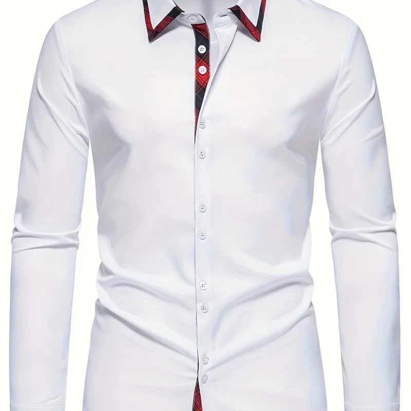 Men's Slim Fit Dress Shirt Plaid Patchwork Collar Long | SAMAG