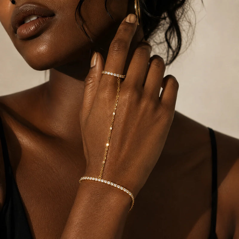 Bohemian Bead Slave Bracelet, 18K Gold Plated Stainless Steel, Waterproof Hand Chain Finger Ring Bracelet Jewelry for Women
