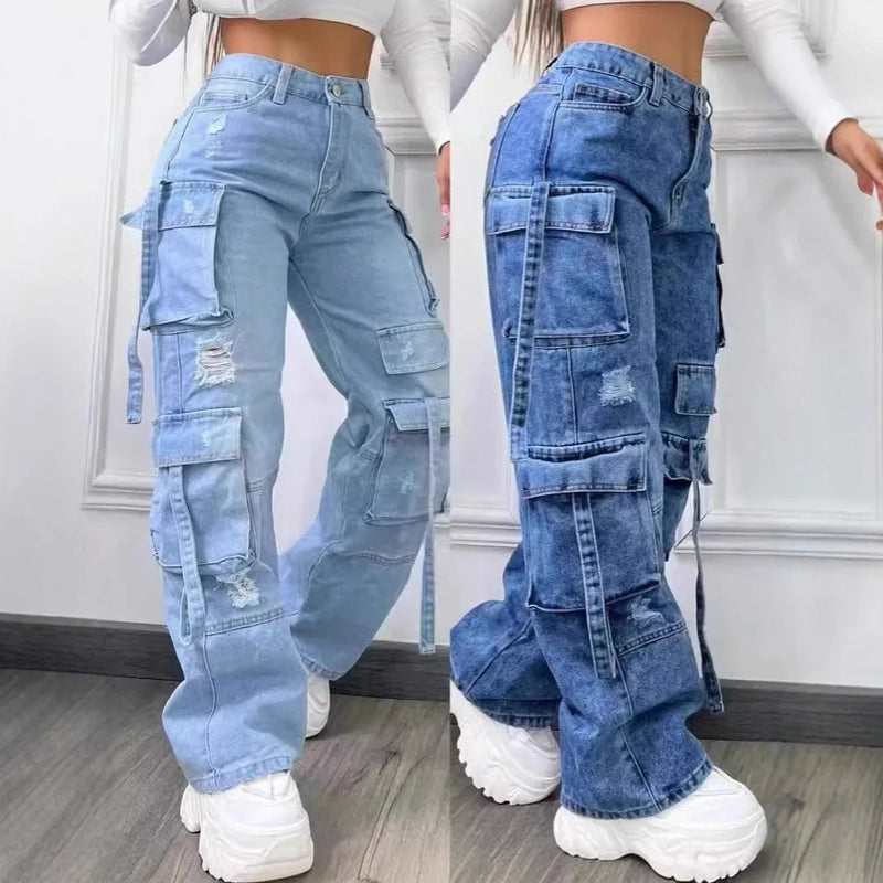 New 2026 Fashion Pure Color Casual Workwear Denim High Waist Multi Pocket Loose Fit Women's Jeans Versatile plus Size