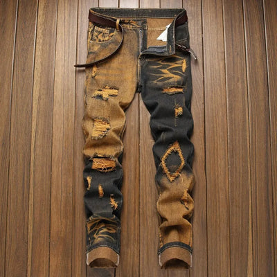 KIDWHXR Men Denim Pants Vintage Contrast Color Hole Man | SAMAG