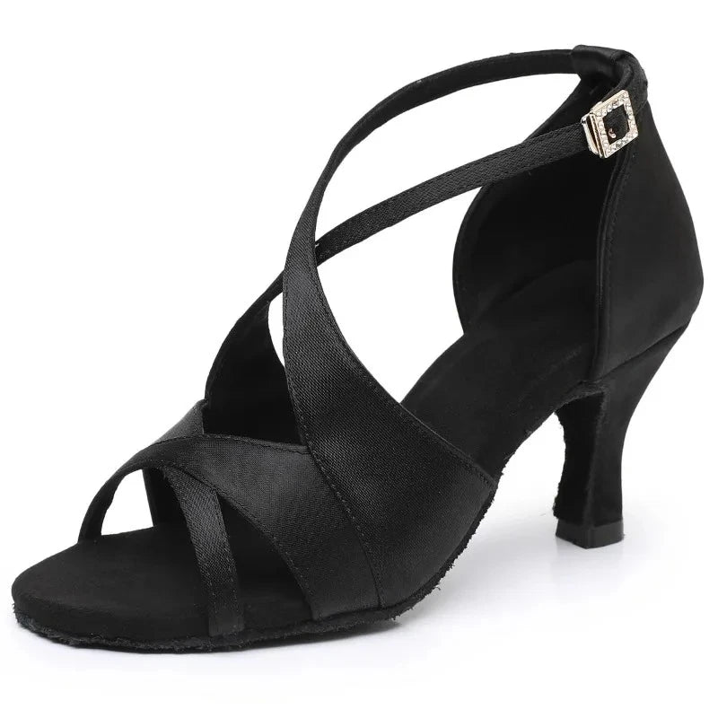 Latin Suede Dance Shoes for Womens New Rhinestone Buckle Soft Sole Ballroom Jazz Salsa Pumps Stage Professional Indoor Stiletto