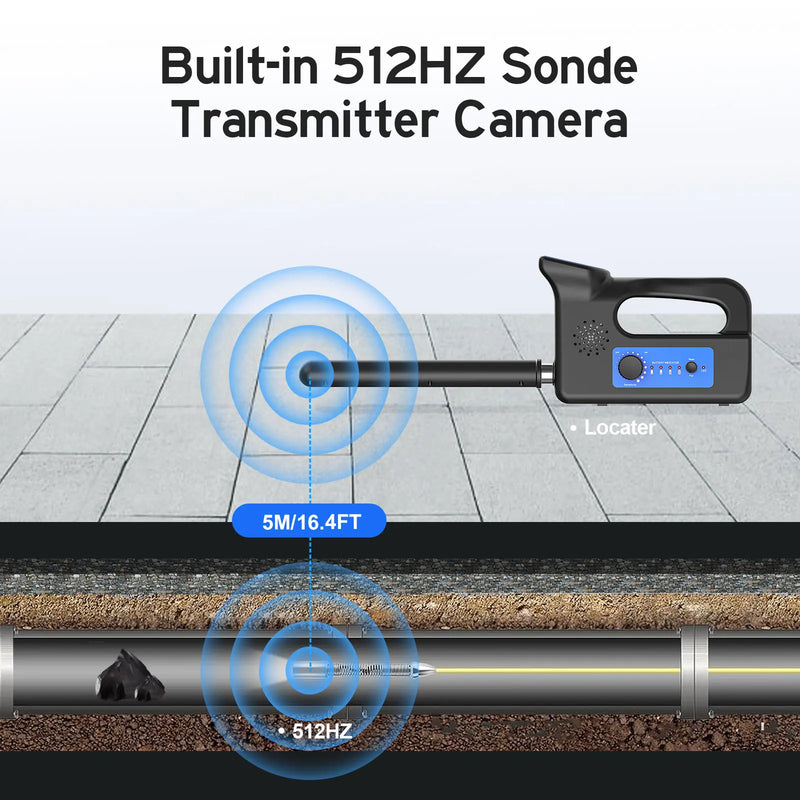 Sewer Pipe Inspection Camera 10 Inch IPS 1080P Screen Sewer Camera with 512hz Locator +Meter Counter+5MM Fiberglass Cable