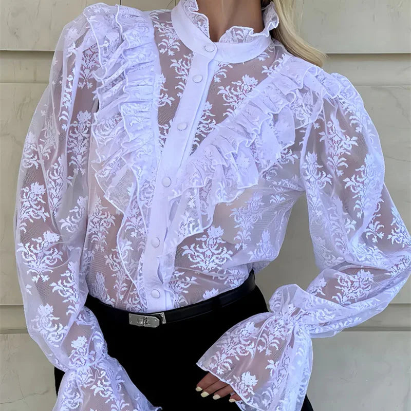 Tossy Lace Ruffled Printed Shirts Female See - Through - View 7 | SAMAG