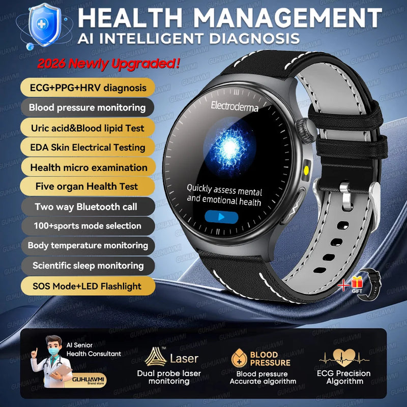2026New AI-Diagnosis Care Smartwatch ECG+PPG Accurate Uric Acid Blood Pressure Body Fat Five organ Fitness Waterproof Smartwatch