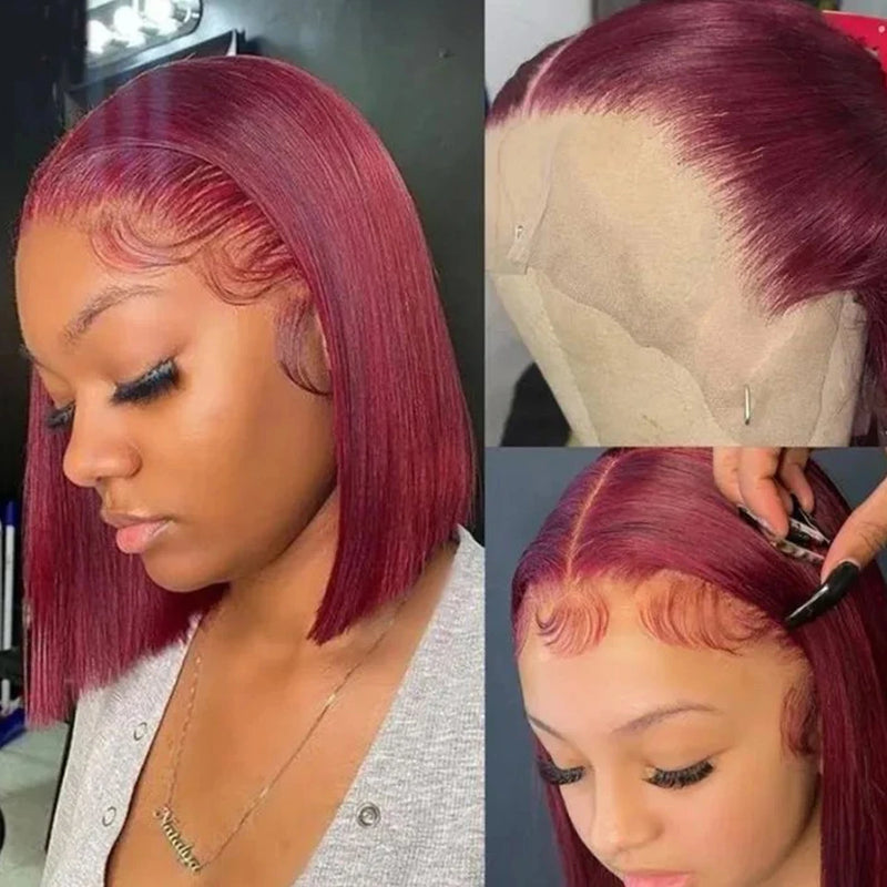 Burgundy Bob Wig 4C Hair Human Hair 13x5x1 Front Lace Straight Bob Wigs 99J Red Short Bob Wig Middle Part 100% Human Hair Wig
