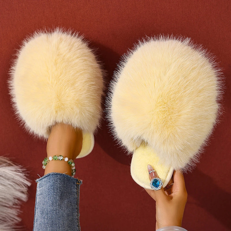 Women Indoor Slippers Winter Faux Fur Home Shoes Women 2025 New Soft Sole Fashion Warm Fluffy Slippers Solid Baotou Slides Women