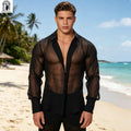 Men's Sheer Black Dress Shirt, Long Sleeve See Through | SAMAG