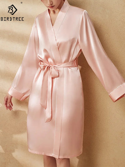 BirdTree, 100%Real Silk Simple Night-robe, Women V Neck | SAMAG