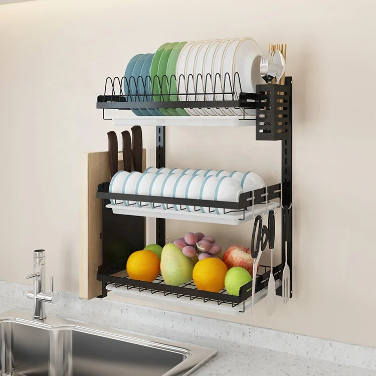 With Water Tray Stainless Steel Black Wall - mounted Three - layer Kitchen Dish Drying Rack - View 3 | SAMAG