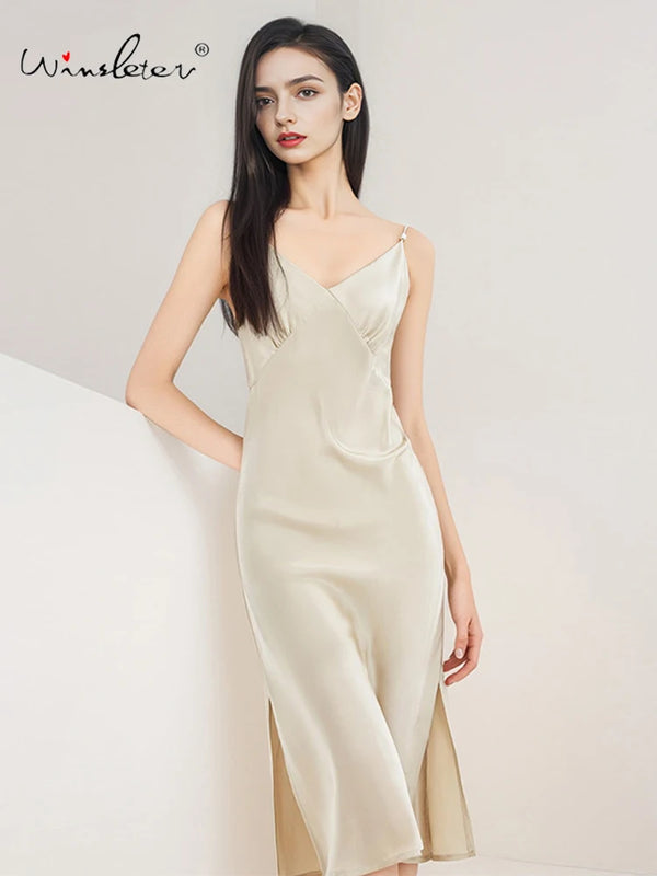 Winsleter-Women 16MM 100%Real Silk Elegant Nightgown, Sexy V Neck Solid, Backless Thin Chic Pajamas Dress, 2025 Summer P53623CC