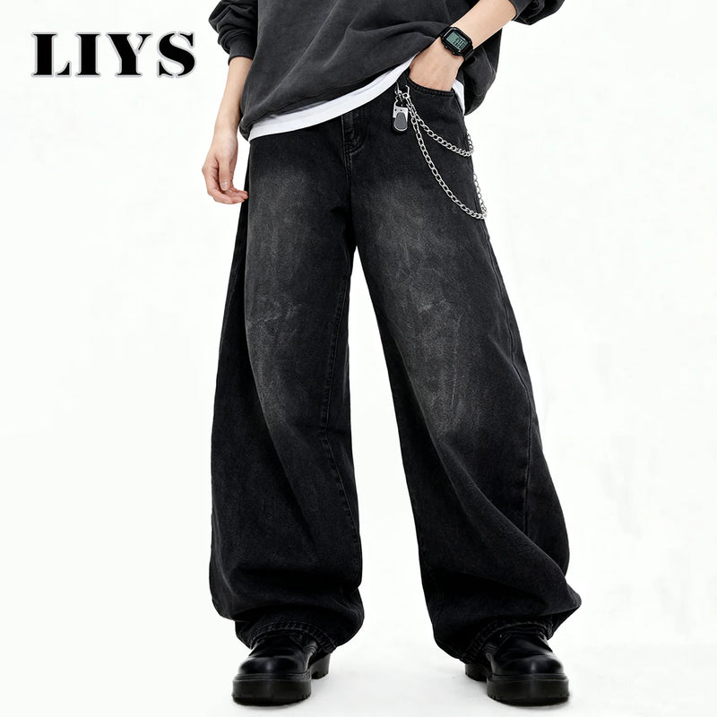 Men's Black Skull Finger Print Baggy Wide Leg Jeans | SAMAG