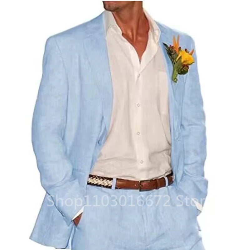 Light Blue/Beige Linen Men Suits 2 Piece Groom Tuxedos Notch Lapel Slim Fit Blazer Pants Sets Wedding Prom Summer Costume Homme