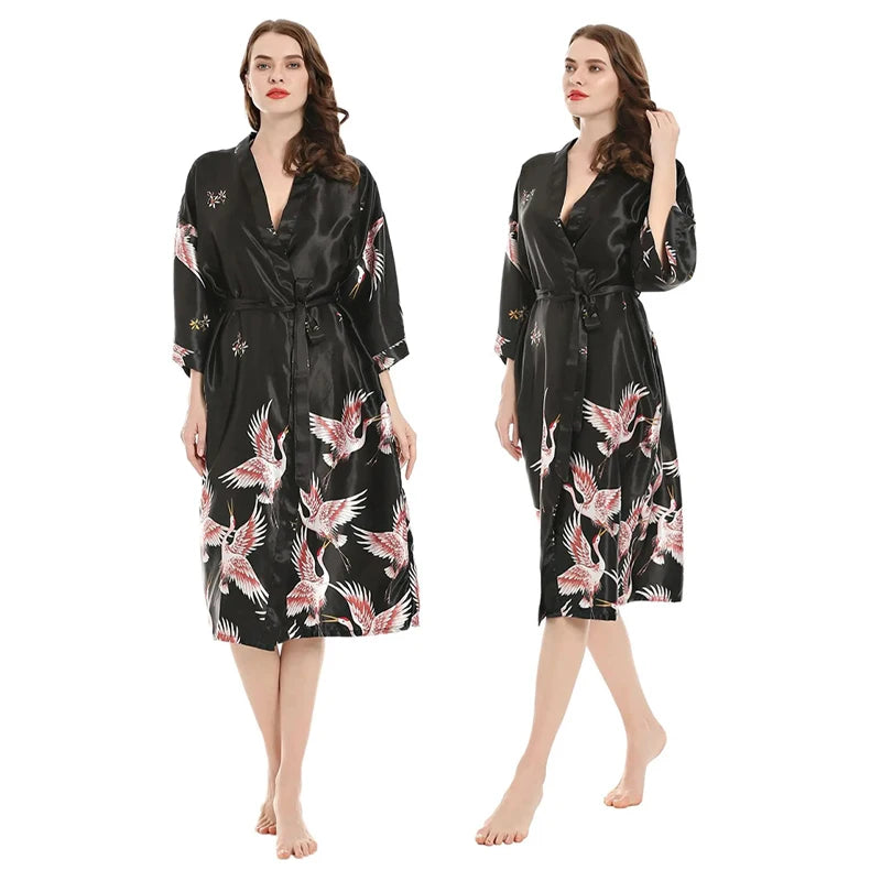 Linccure Women's Crane Print Satin Kimono Robe Silky Half | SAMAG