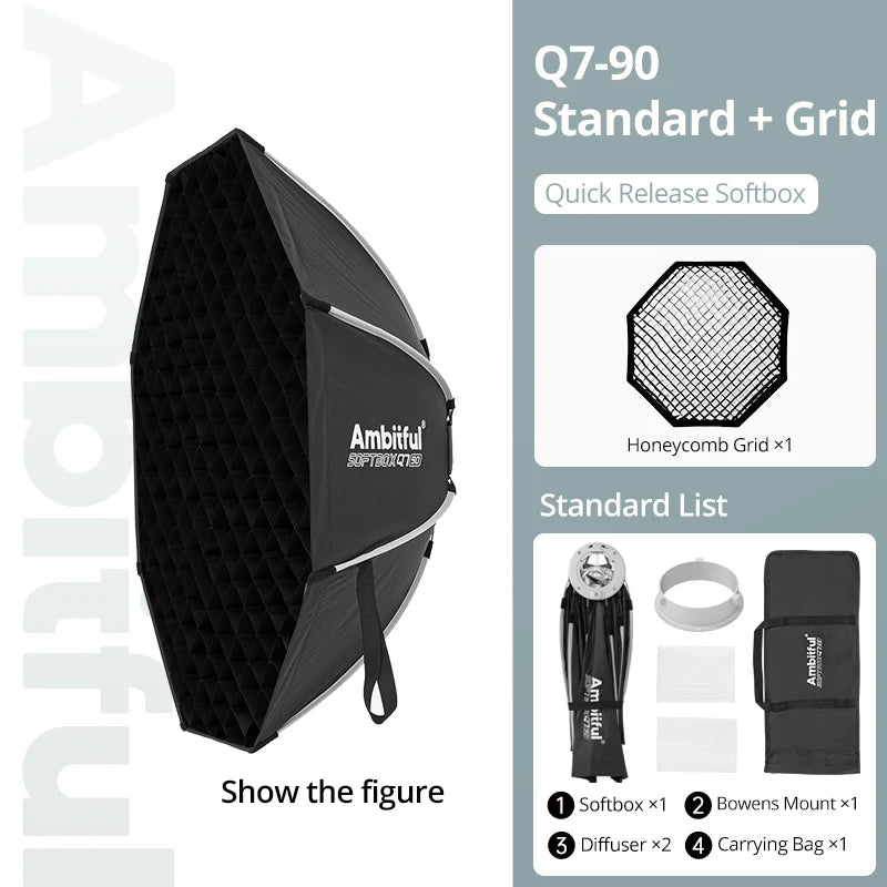 AMBITFUL 30x120cm 55cm 65cm 90cm One Touch Open Octagon/Rectangle Softbox Bowens Mount for Outdoor Studio Photography Side Wing