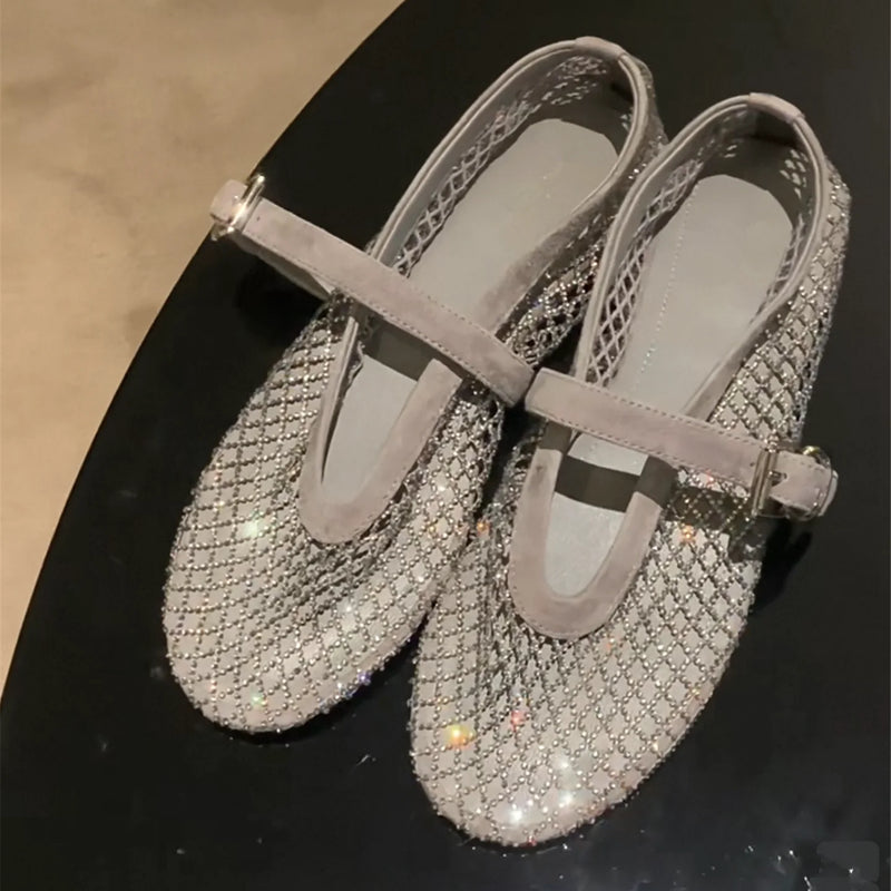 Round Head Hollow Out Women Shoes Fashion Crystal Cover Heels Ballet FlatsSummer Buckle Strap Sandals