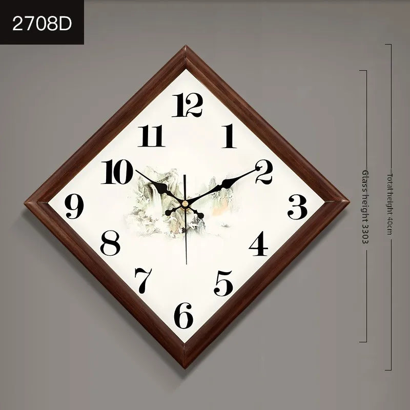 Wall Clock New Chinese Solid Wood Living Room Rectangular Home Bedroom Simple Atmosphere Silent Wall Clock Home Decor