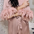 White Feather Robe With Fur Full Sleeves Sleepwear Satin | SAMAG