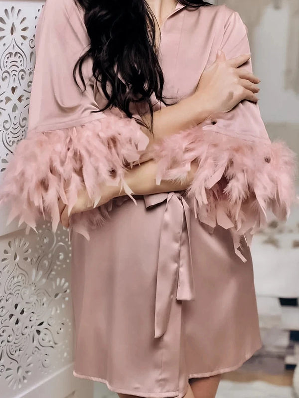 White Feather Robe With Fur Full Sleeves Sleepwear Satin | SAMAG