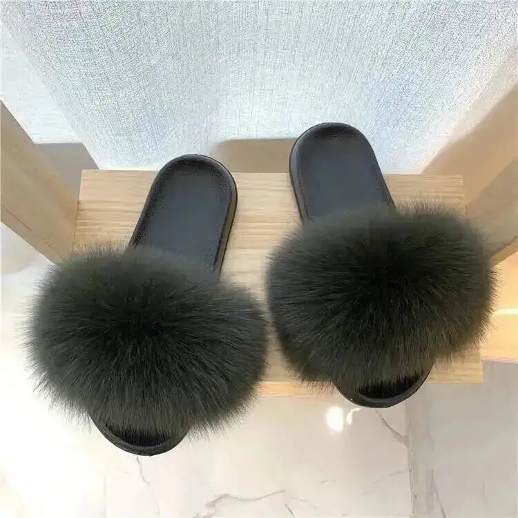 Women Real Raccoon Fur Slides Fluffy Luxury Furry Open Toe Slippers Indoor Outdoor Summer Sandals Non Slip Soft Comfy Sole Cozy