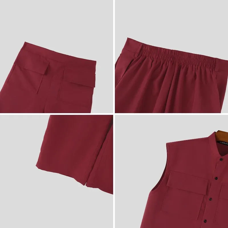 INCERUN Men Sets Solid Sleeveless Crop Tops Shirt Pants | SAMAG