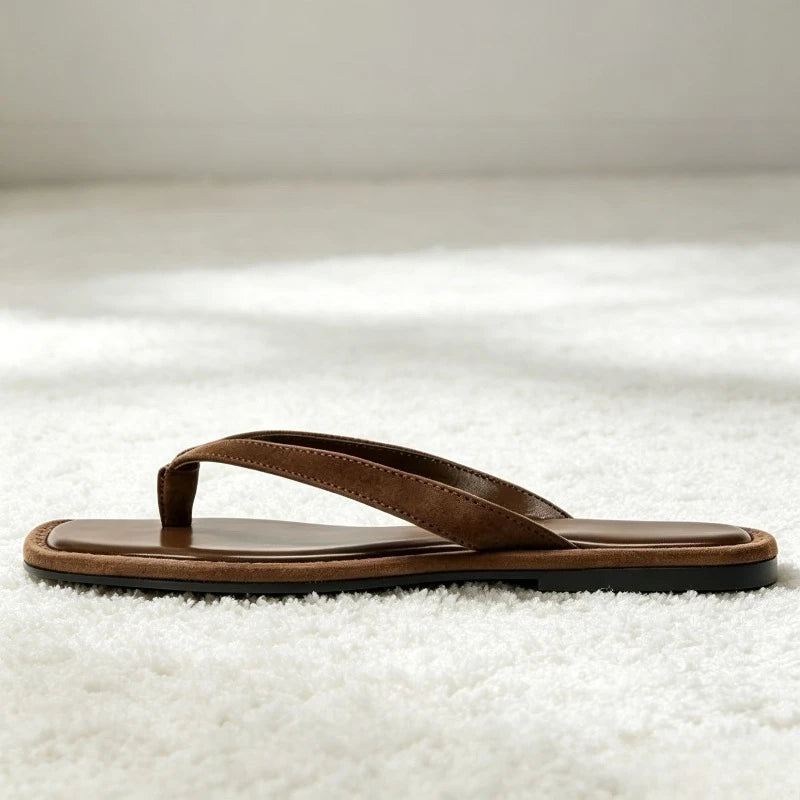 2026 Summer Brown Faux Suede Flip Flops Women Fashion Round Toe Clip Toe Flat Sandals Street Style Comfortable Women's Slippers
