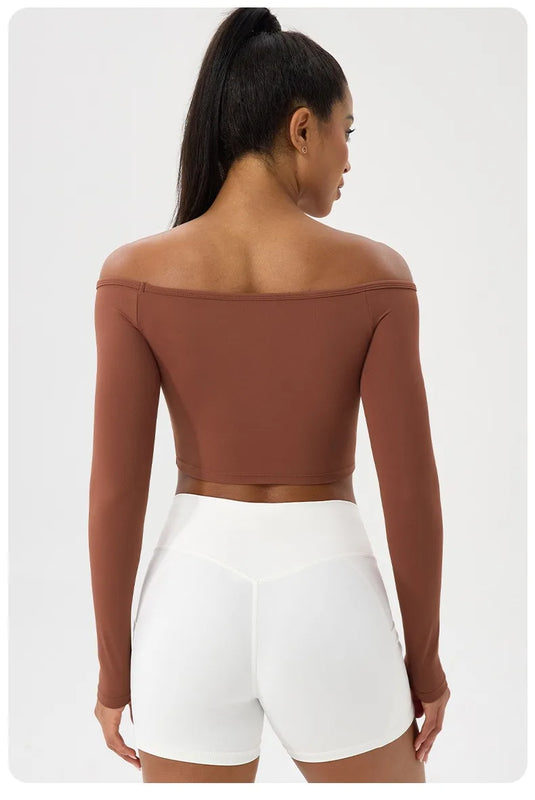 Long Sleeve Yoga T-Shirt for Women, Off Shoulder, Sexy Tight Gym Workout Top, Naked Feeling, Quick Dry Sports Activewear
