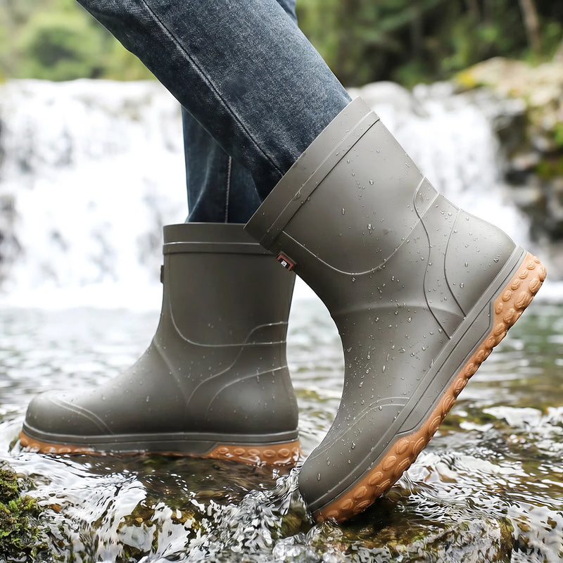 Men's Fashion Rain Boots High Quality Anti-Slip Waterproof Shoes Thick Bottom Wear-Resistant Outdoor Drawstring Work Rubber Shoe