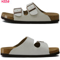 KZZO Waterproof Genuine Leather Mules for Women Non Slip Clog Shoes Outdoor Home Comfort Slip On Flat Double Adjustable Strap