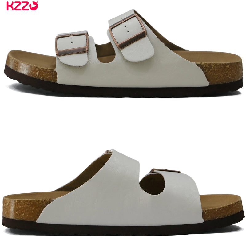 KZZO Waterproof Genuine Leather Mules for Women Non Slip Clog Shoes Outdoor Home Comfort Slip On Flat Double Adjustable Strap